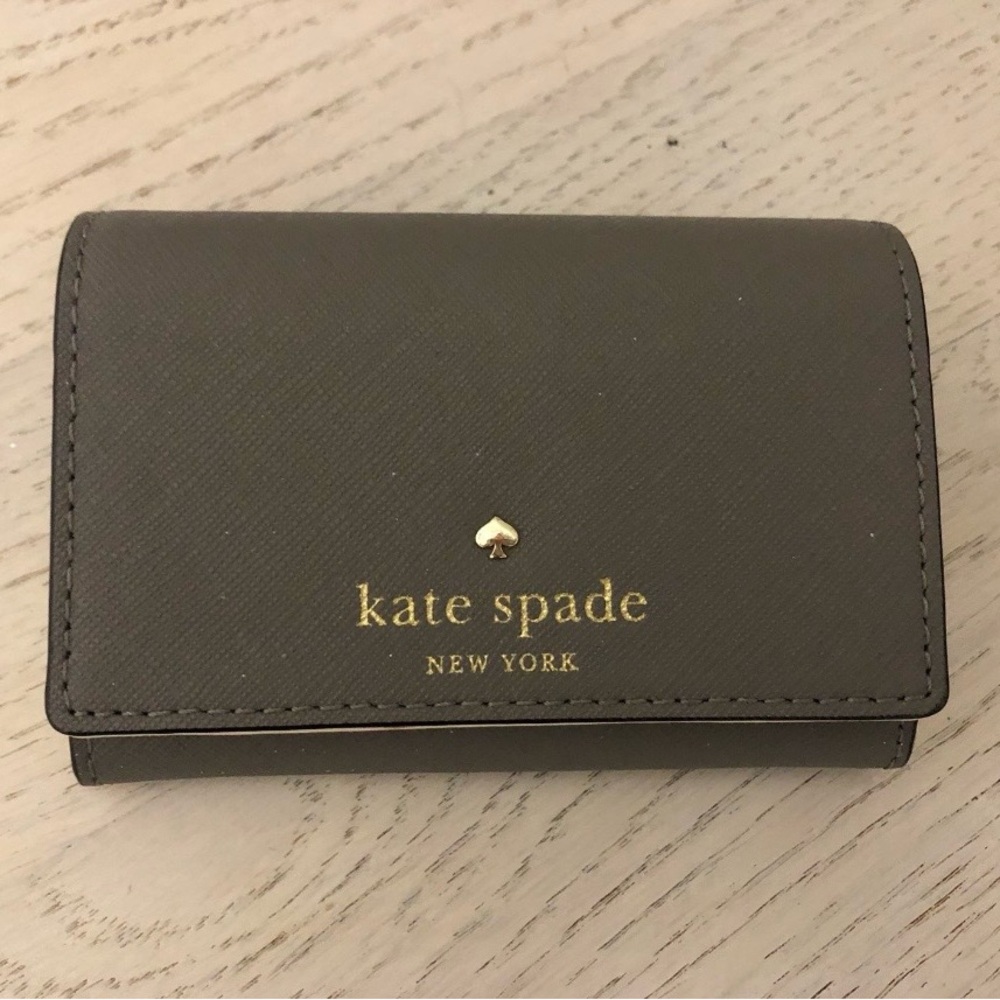 kate spade gray saffiano leather card holder with gold logo